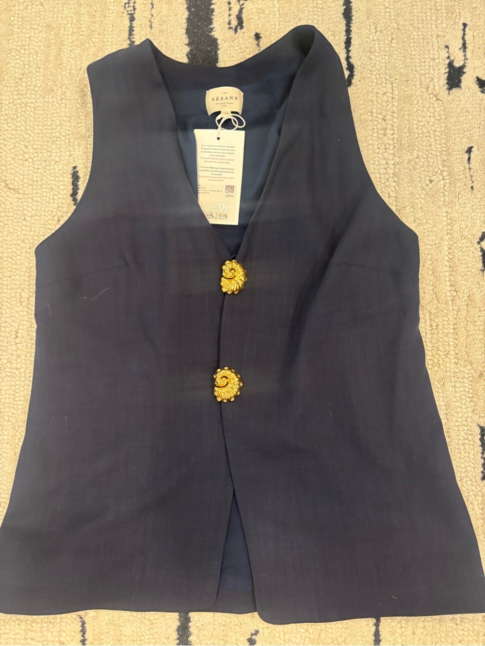 Sezane Navy Blue Vest with Gold Floral Buttons